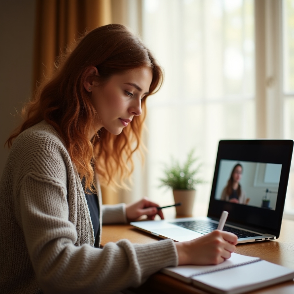 Uczestniczka webinaru robiąca notatki podczas oglądania prezentacji na ekranie